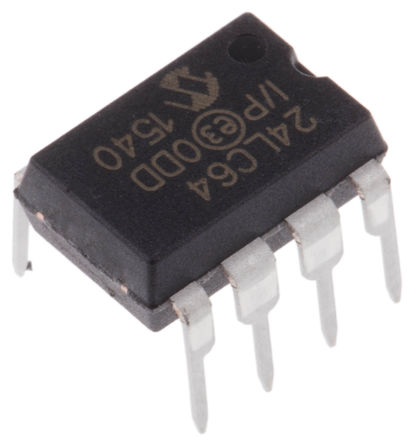 Microchip - 24LC64-I/P - Microchip 24LC64-I/P  EEPROM 惦, 64kbit,  - I2Cӿ, 900ns, 2.5  5.5 V, 8_ PDIPb		